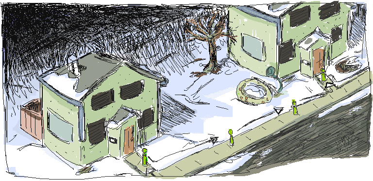 drawing of two houses in the wintertime, with a person travelling between the houses' doors.