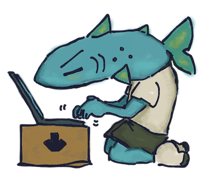 an anthropomorphic fish typing on a laptop.