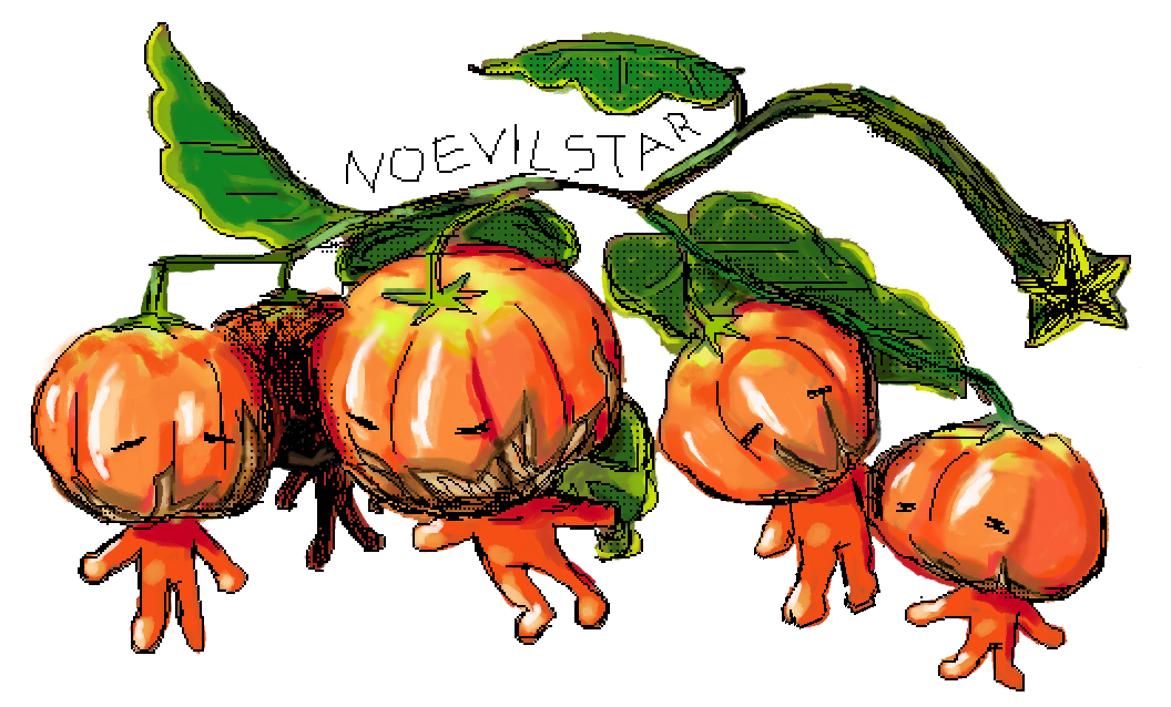 drawing of several anthropomorphic tomatoes on a vine. text above drawing reads noevilstar.